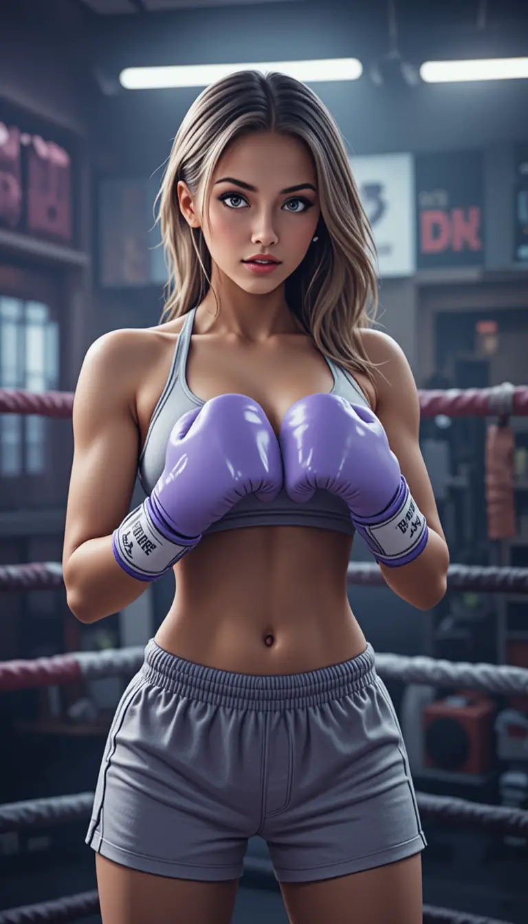 Muscular woman posing with lilac boxing gloves in the ring