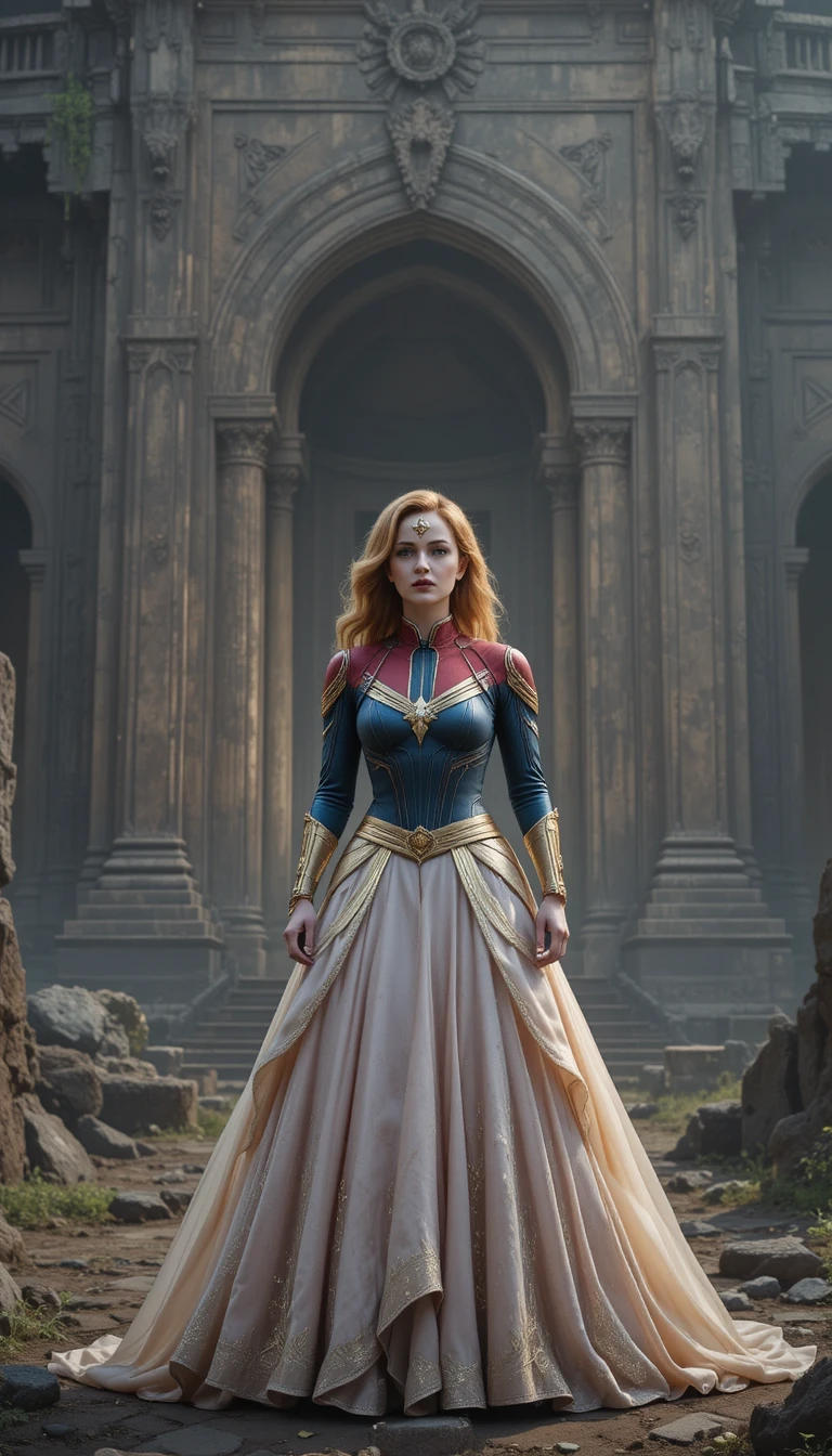 Elegant heroine in gown before an ancient mystical temple
