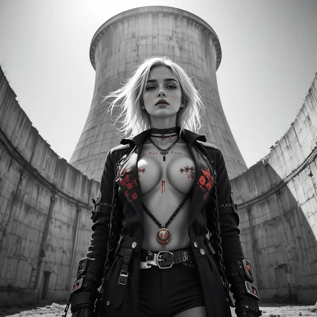 Cyberpunk fashion woman under abandoned cooling tower shadow
