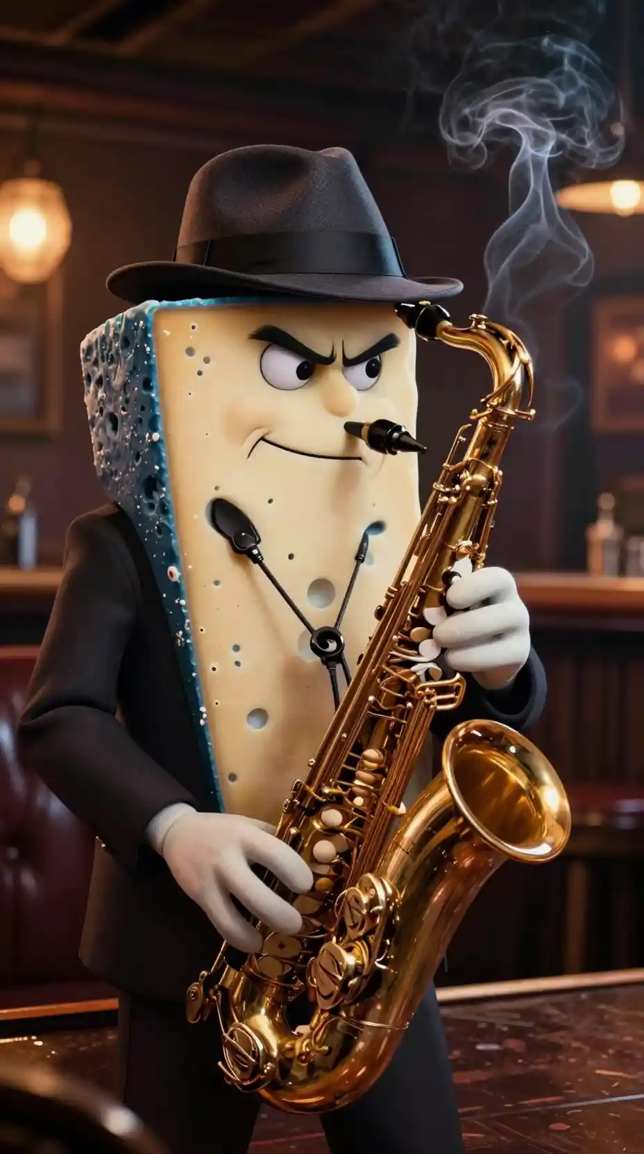 Grumpy blue cheese character playing saxophone in jazz bar