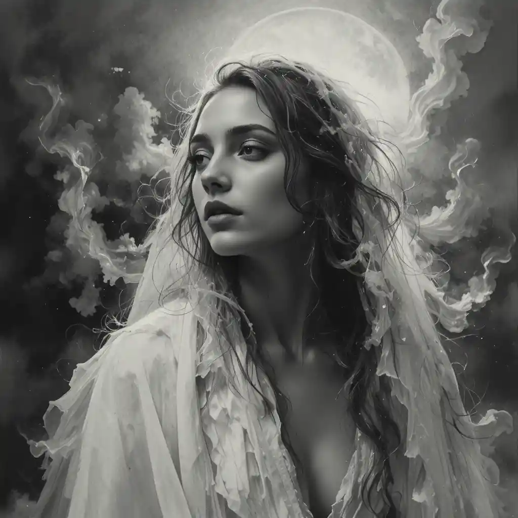 Unearthly close up face in flowing white robes