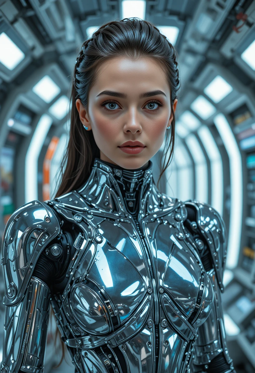 Female cyborg walking through a chrome spaceship corridor