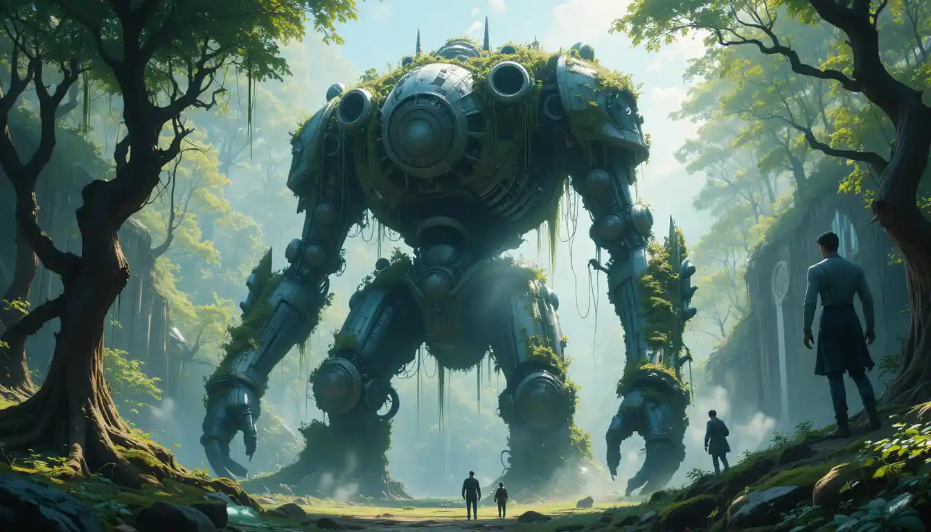 Ancient moss covered robot in an enchanted forest clearing