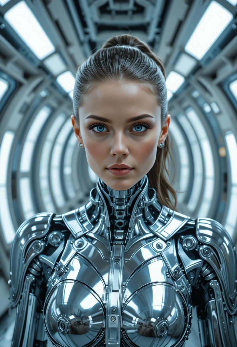 Cyborg femminile che cammina in un corridoio futuristico di astronave