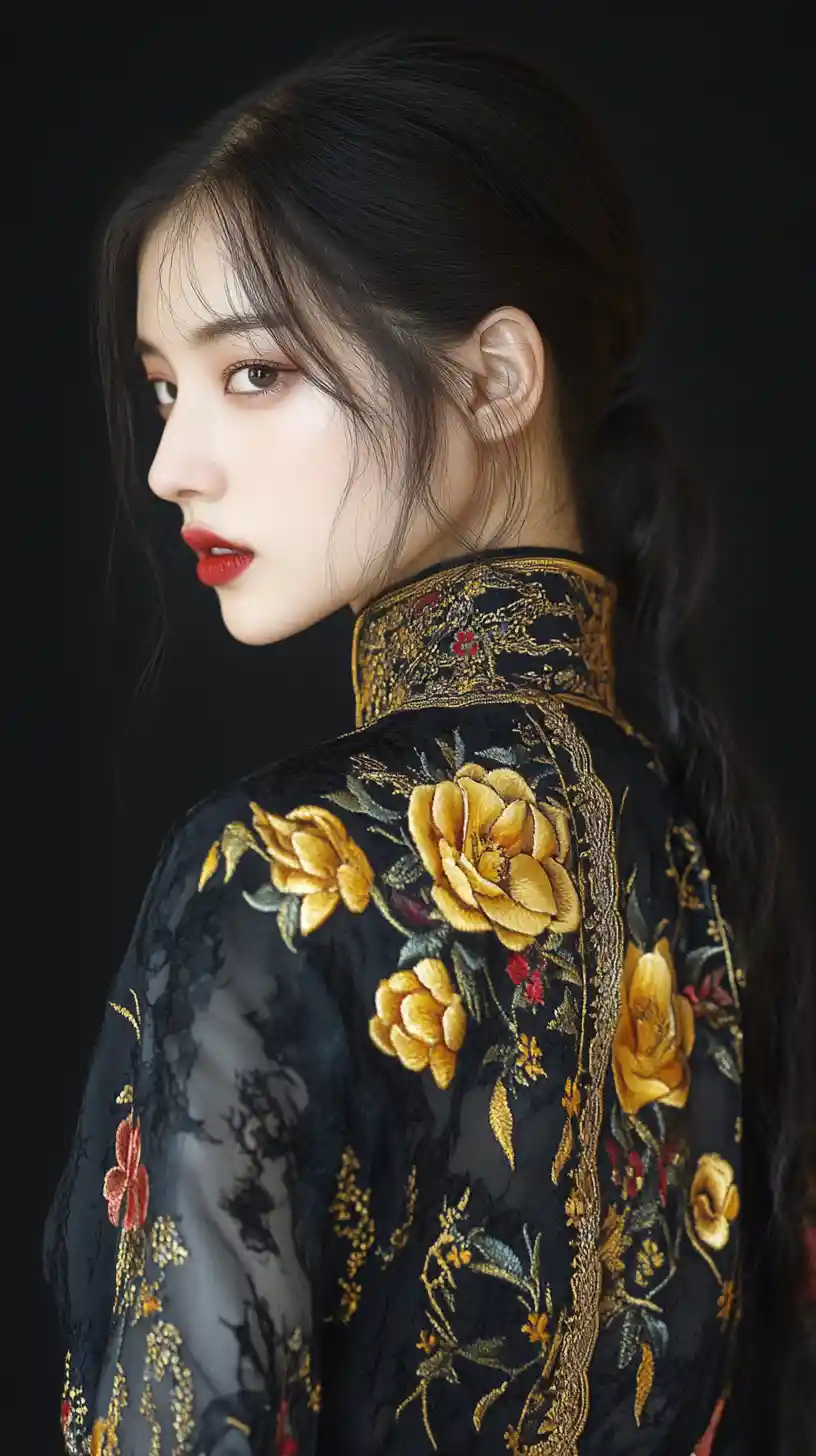Asian woman with glowing floral tattoos on dark background