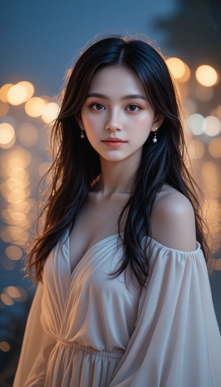 Young woman by glowing waterfront with dreamy bokeh lights