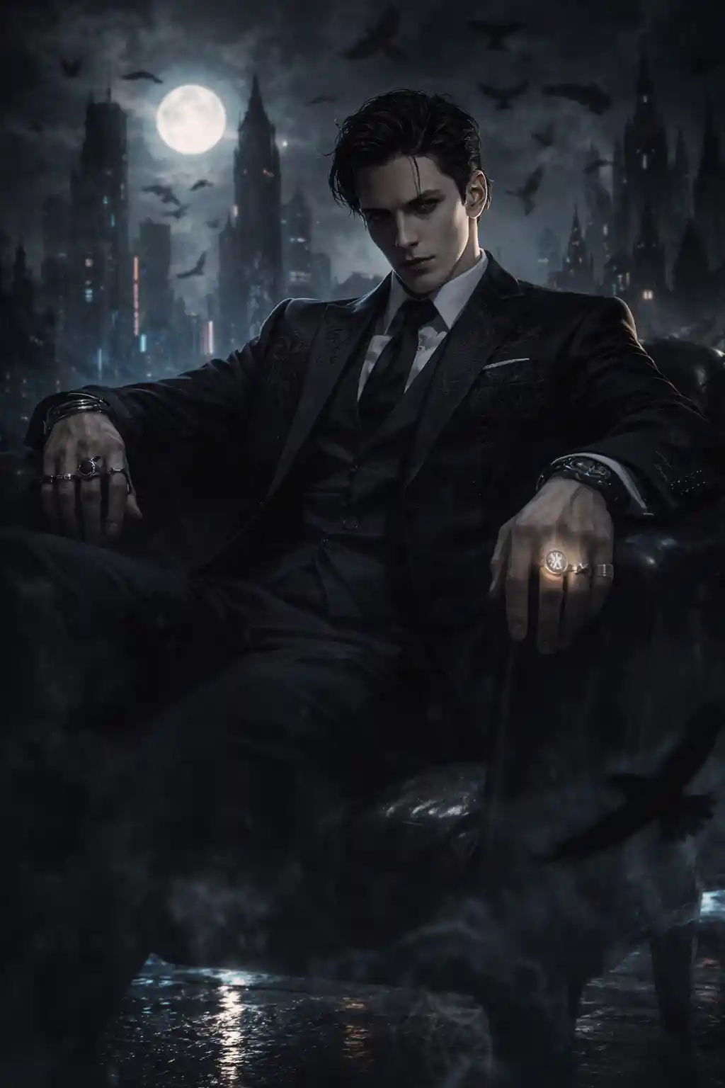 Fantasy mafia boss in a dark gothic neon city