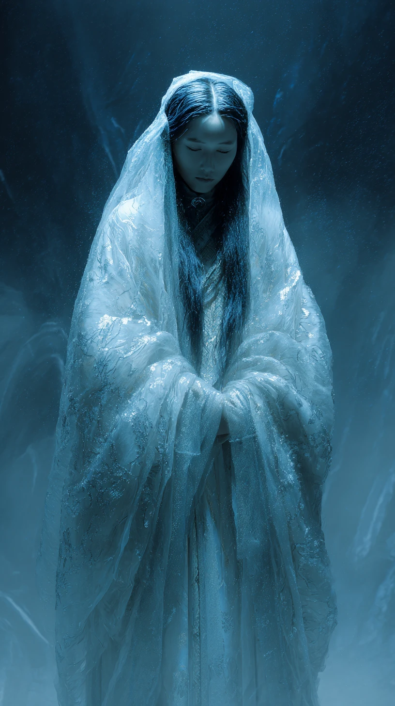 Ghostly Yakutian girl in a moonlit Siberian forest