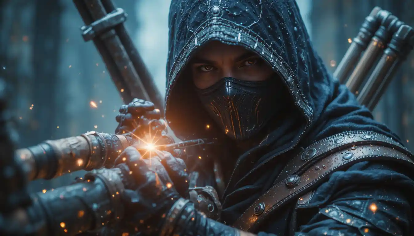Hooded masked hero with crossbow in vivid fantasy close up