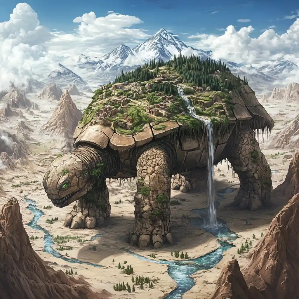 Gigantic desert tortoise carrying a lush mountain world