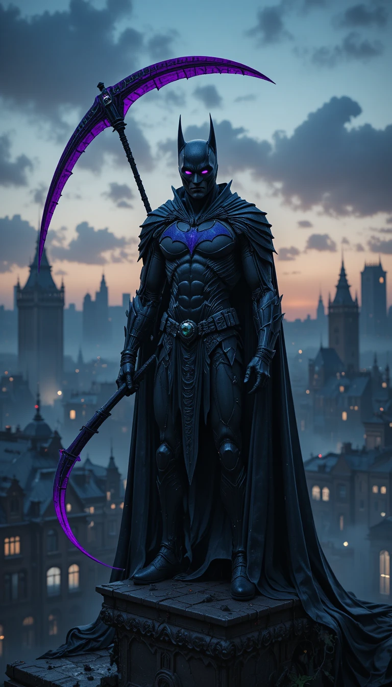 Dark bat warrior overlooking a gothic city at dusk
