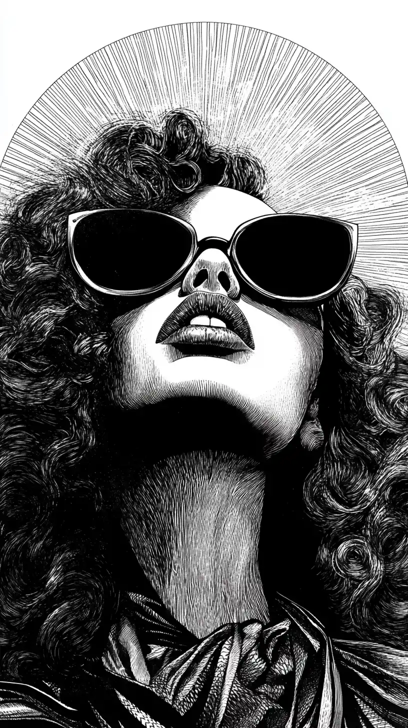 Mystical woman in halo with bold sunglasses woodcut portrait
