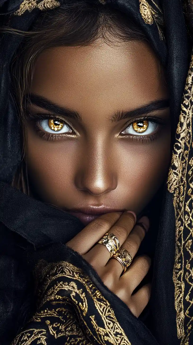 Jovem velada com olhos dourados e xale ornamentado