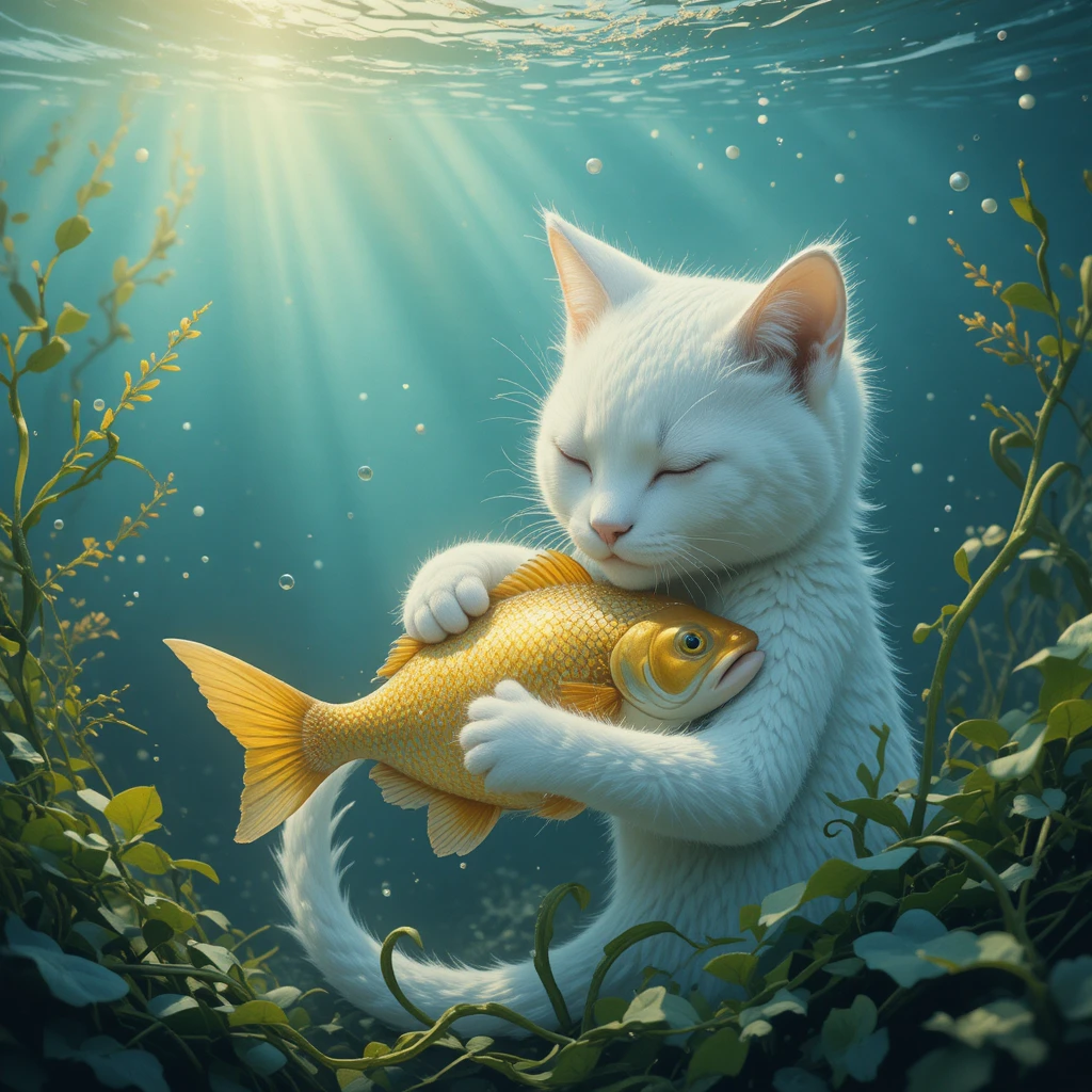 White cat hugging golden fish in a sunny underwater scene