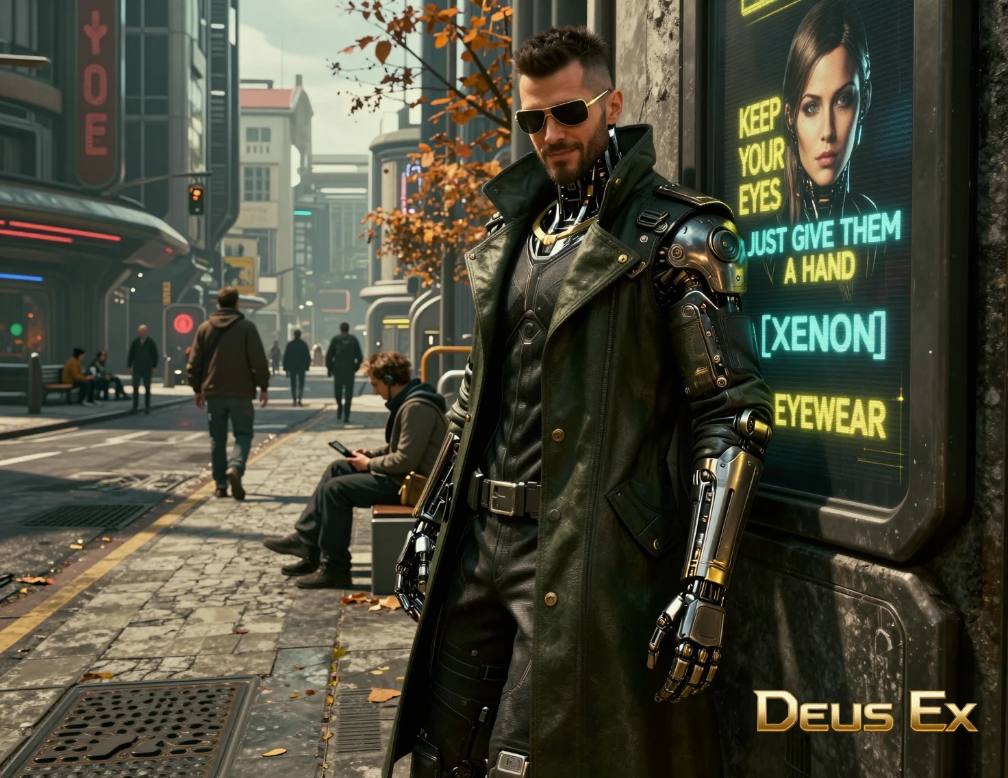 Augmented detective leaning on a wall in futuristic street
