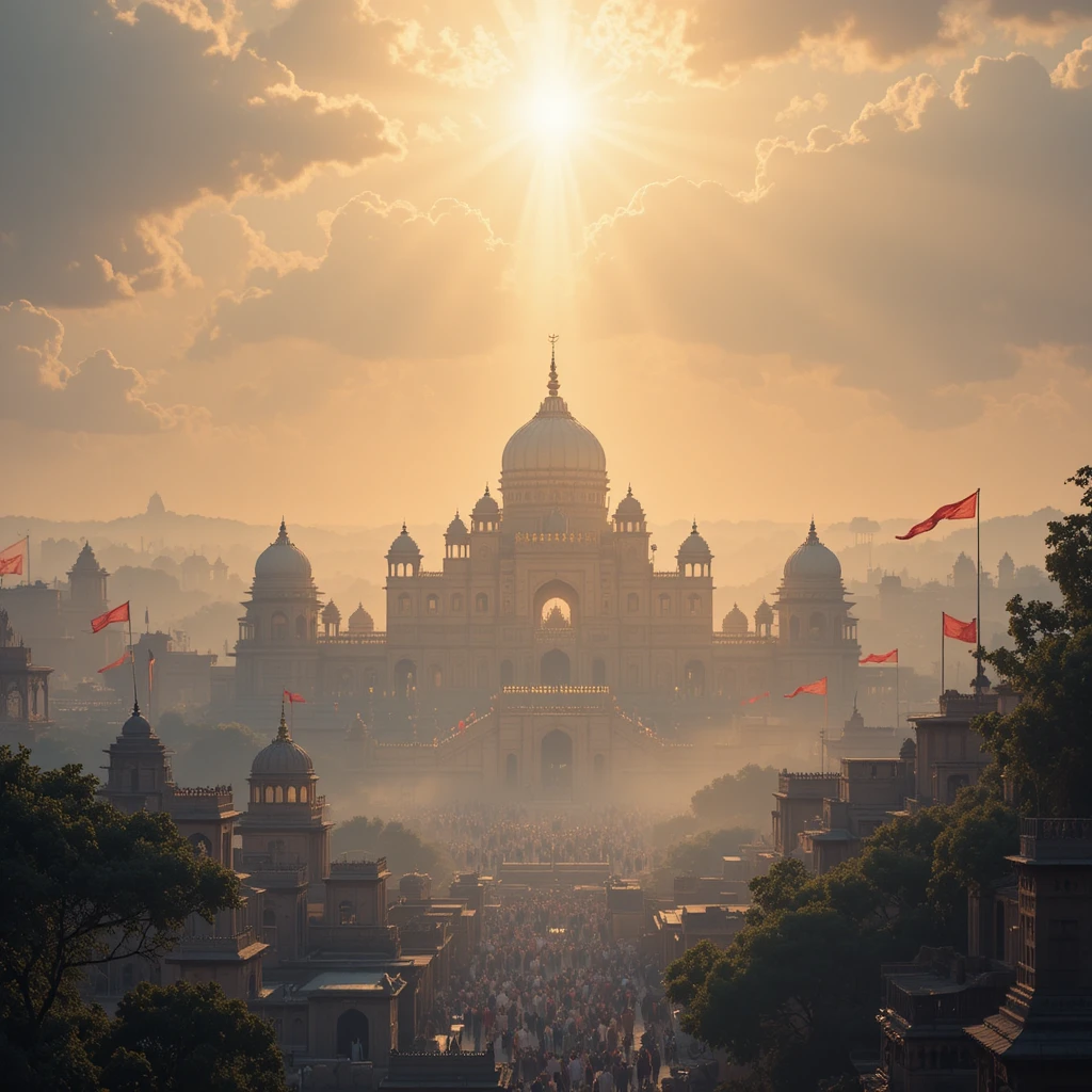 Golden light over a majestic temple in Ayodhya city