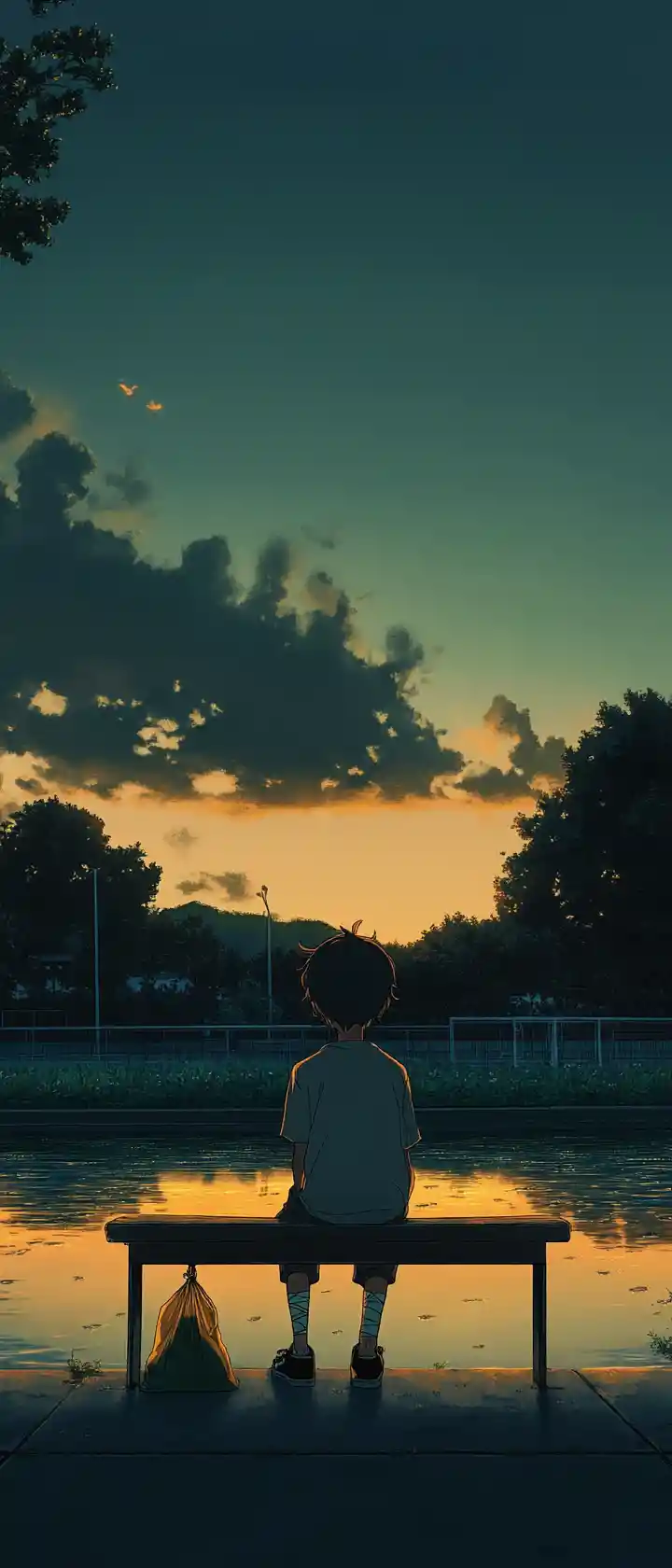 Lonely boy on last festival bench at sunset