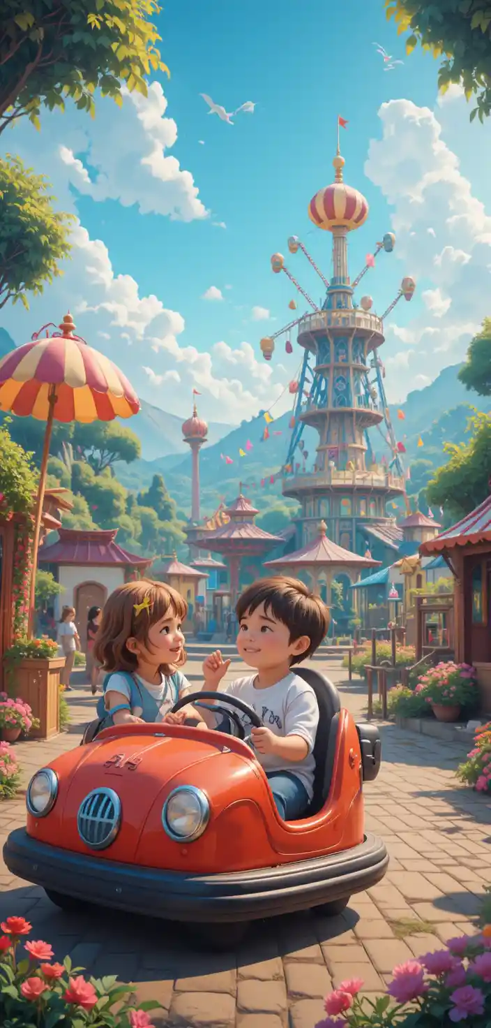 Bébé garçon joyeux dans un parc d’attractions coloré