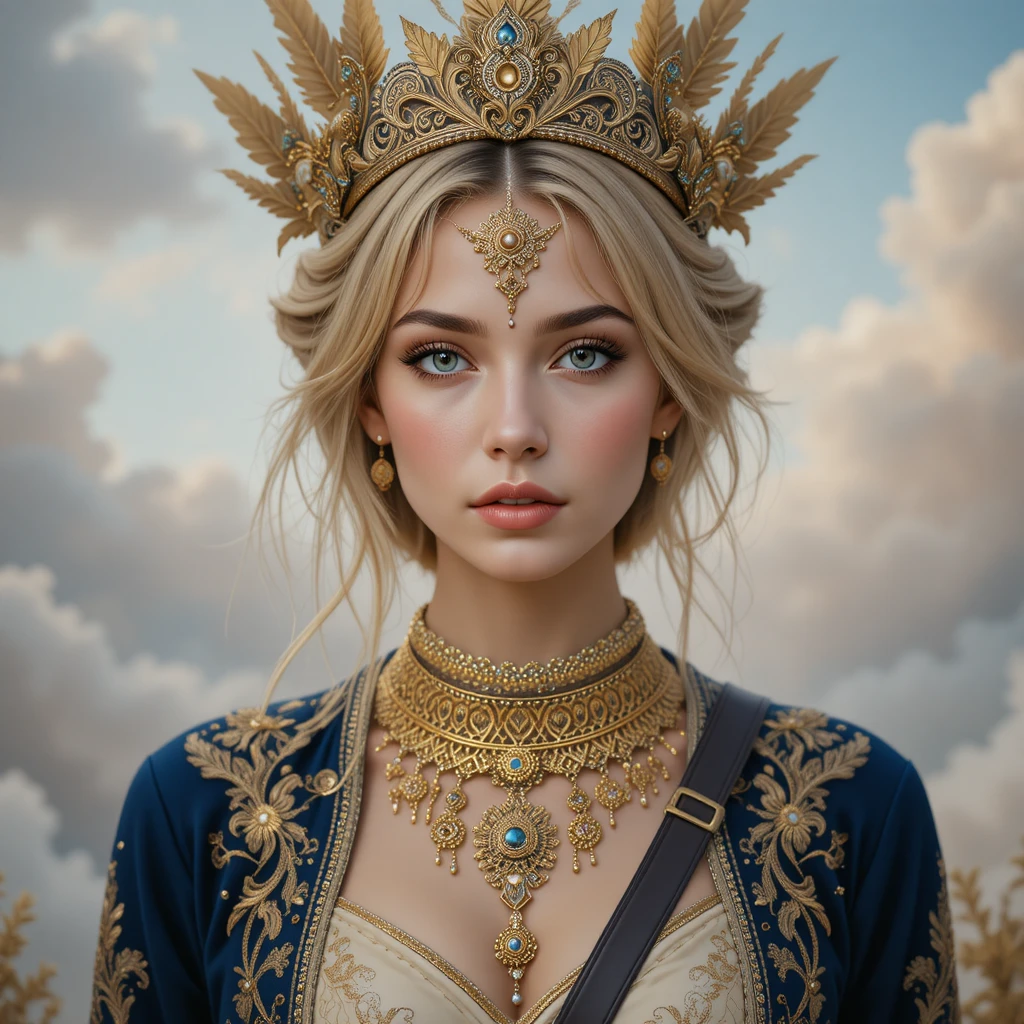 Young blonde woman in ornate golden crown and jewels