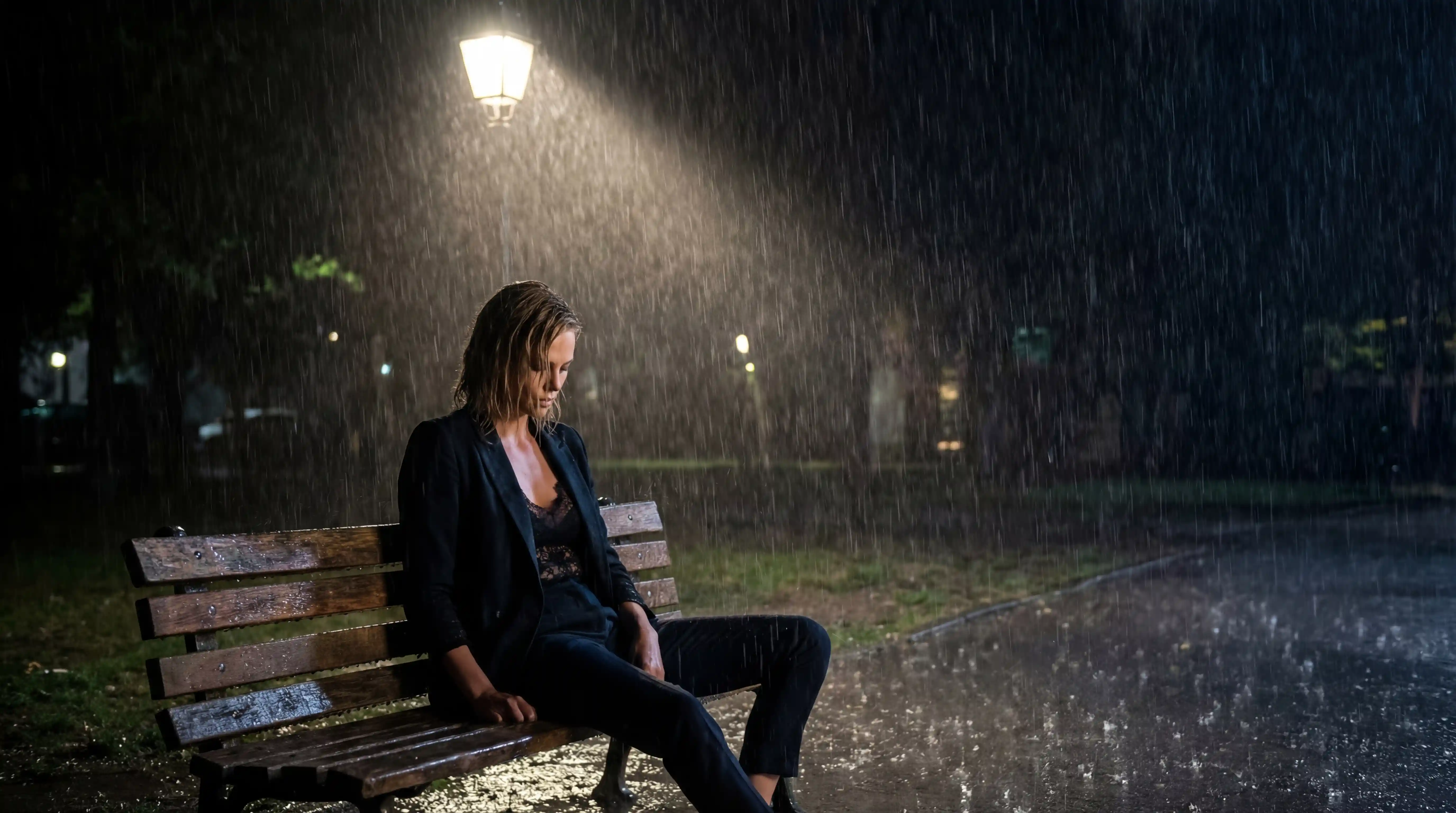 Woman on park bench under bright streetlight at night