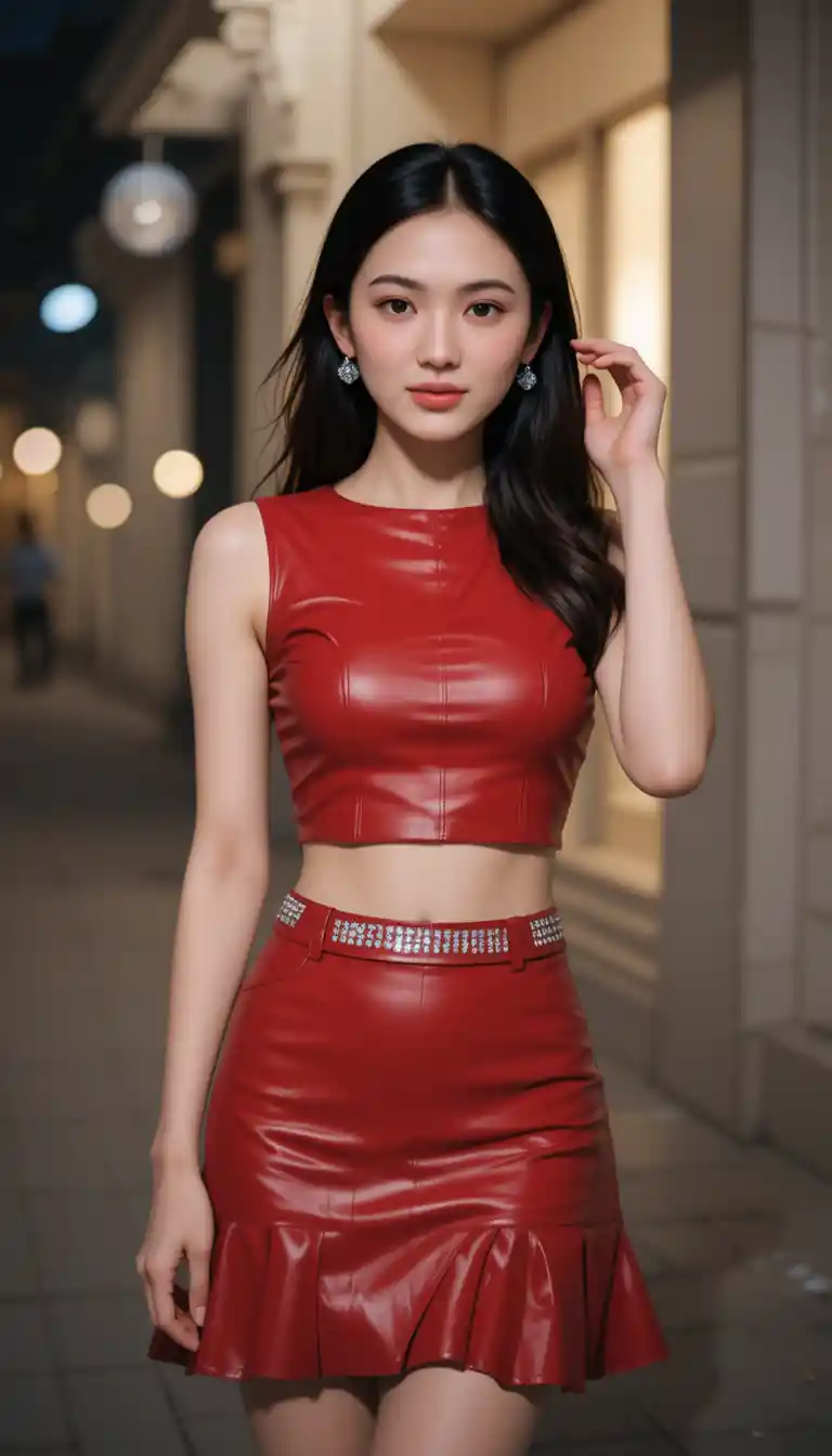 Young woman in red outfit posing in dim evening street