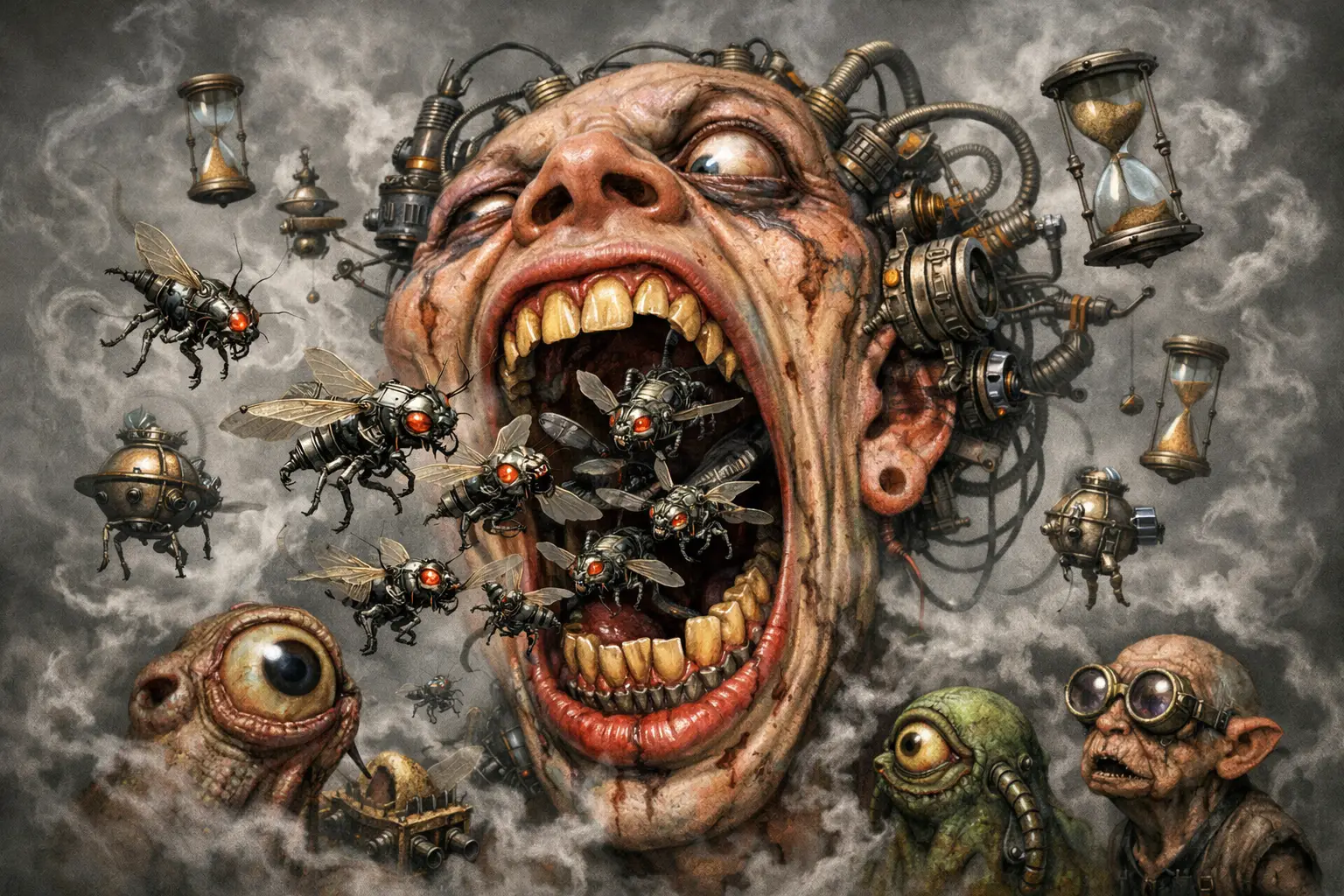 Surreal distorted human face spewing mechanical insects