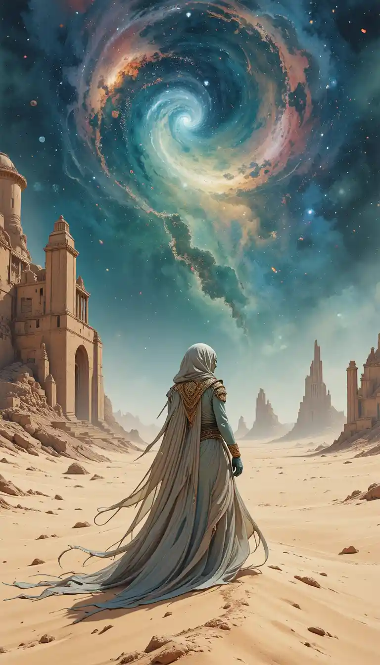 Alien wanderer in robes on a cosmic desert world