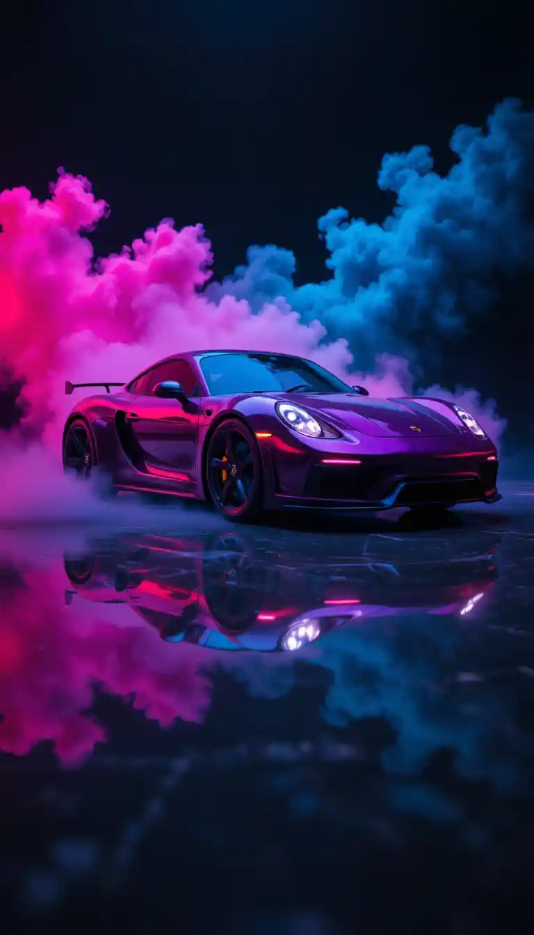 Carro esportivo roxo-escuro com fumaça neon e reflexos