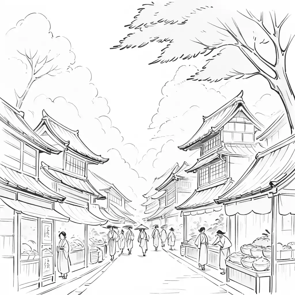 Serene Japanese ink painting of travelers in the city