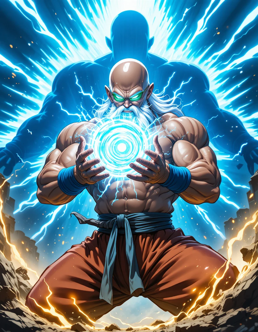 Maestro anime muscoloso che carica un attacco energetico luminoso