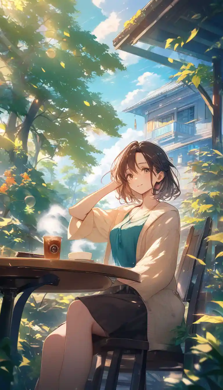 Donna anime in un caffè all'aperto con il suo cane fedele
