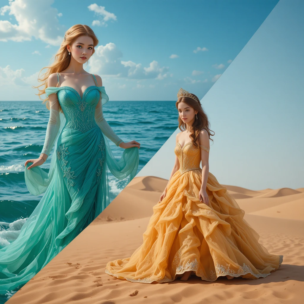Split screen princess sisters in ocean and desert worlds