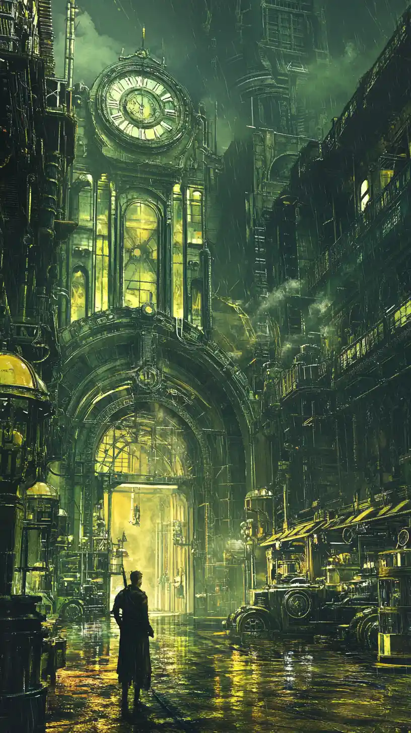 Moody urban auto repair shop in a dark fantasy cityscape