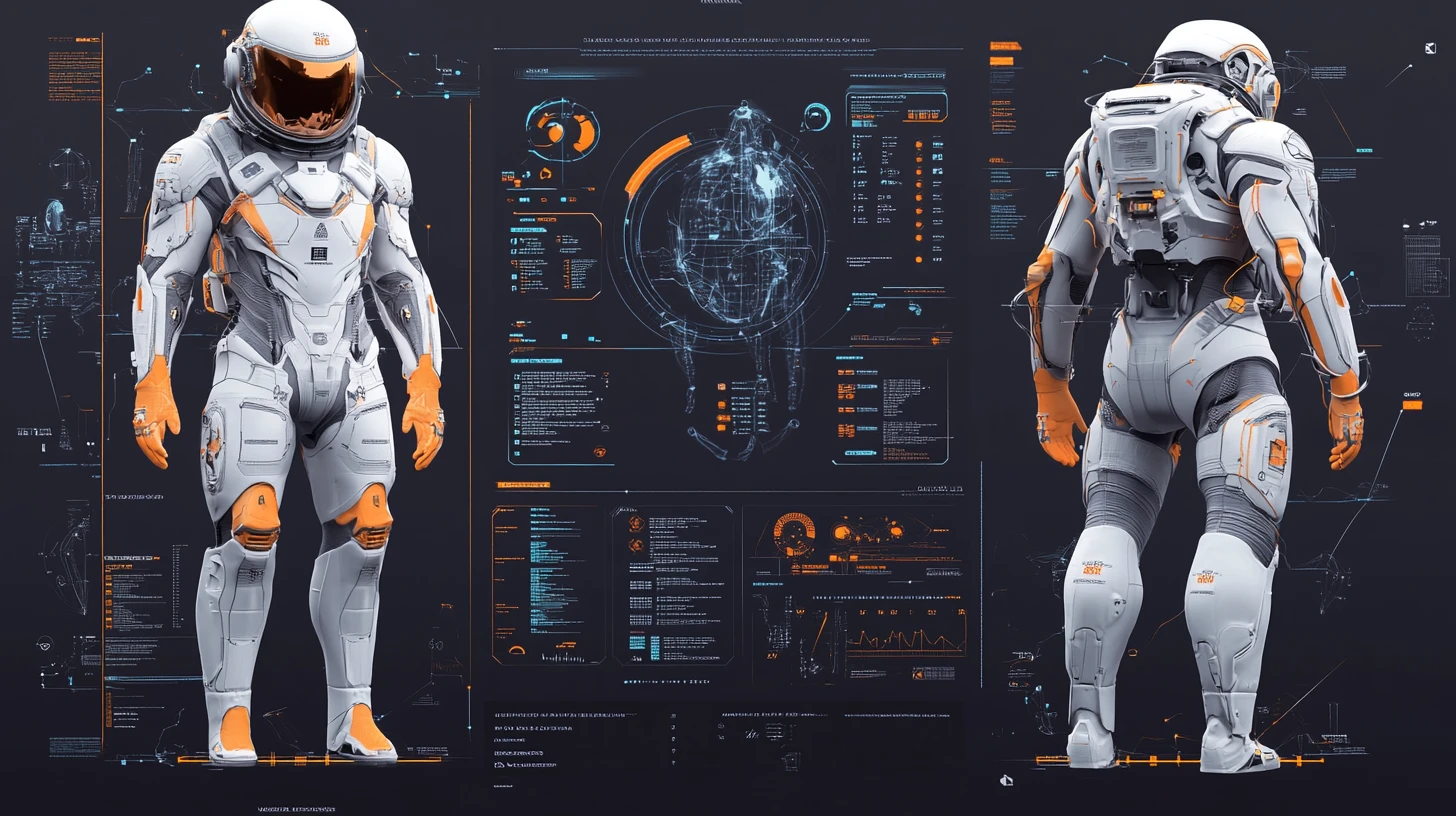 未来的な白い宇宙服の3Dデザインと技術図面