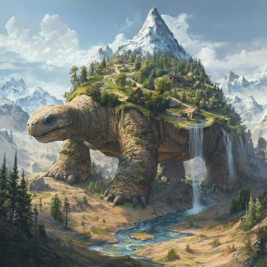 Tortue colossale du désert portant un monde de montagnes et de forêts