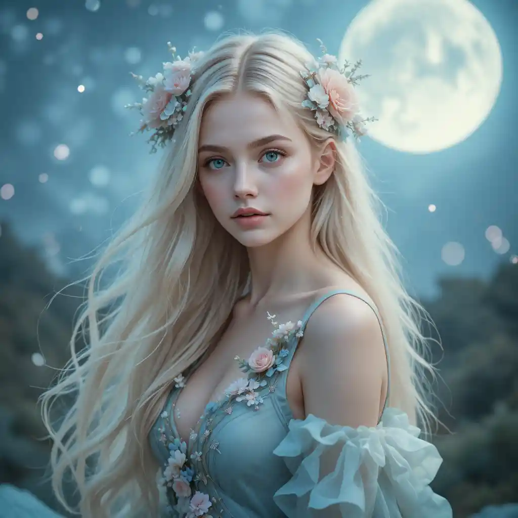 Dreamy blonde girl adorned with delicate floral details
