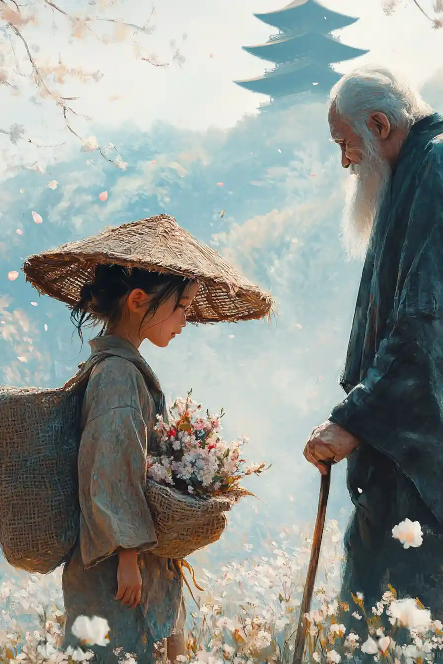 在花海中漫步的日本少女
