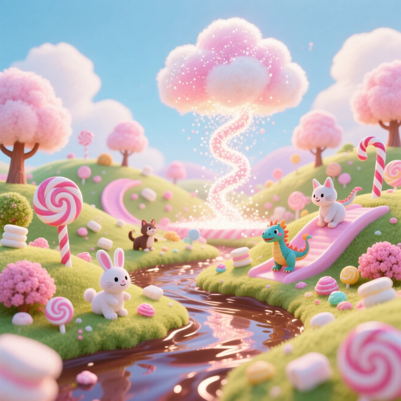 Whimsical 3D candy land with playful fantasy critters