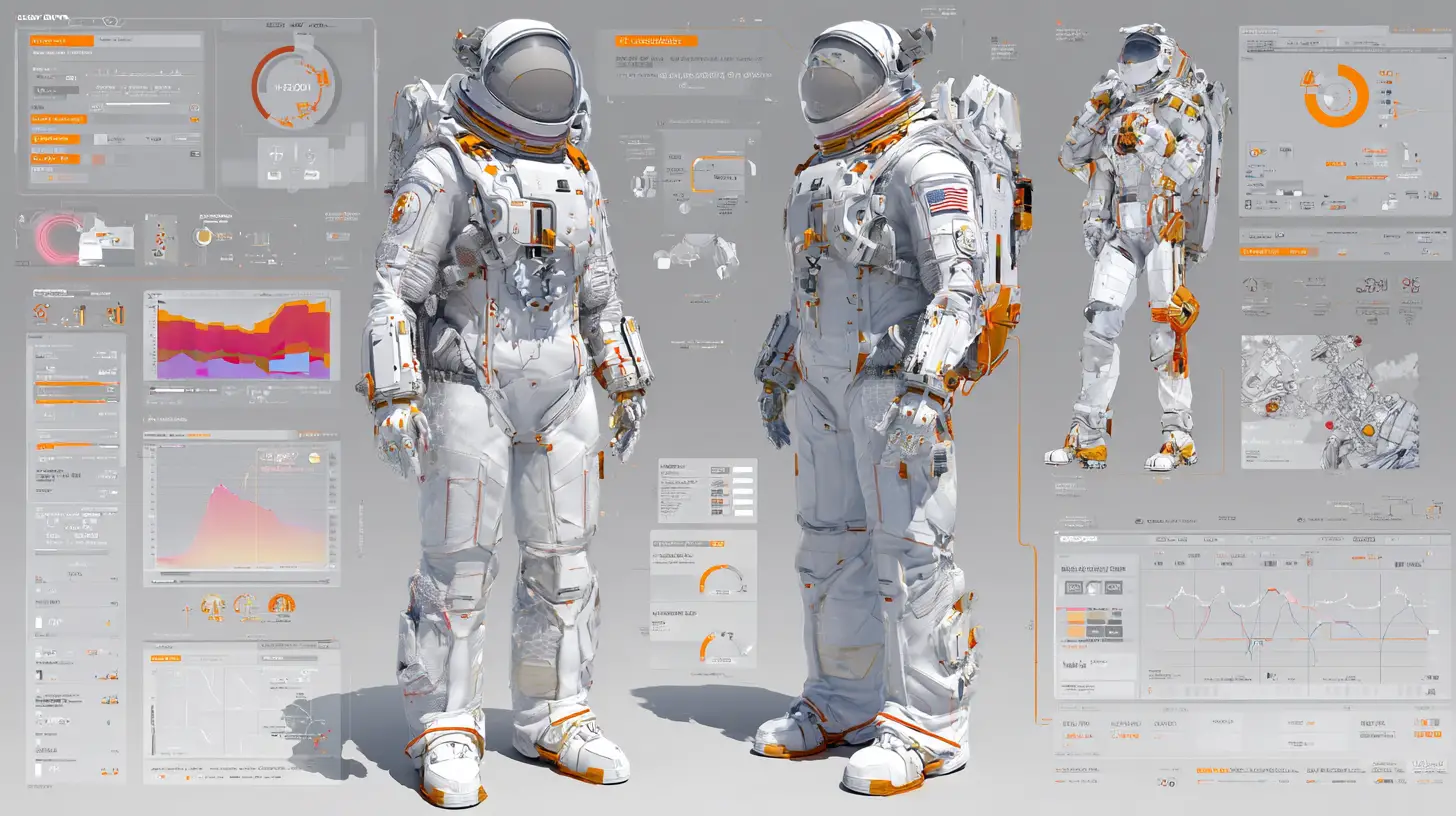 未来的な白い宇宙服の3Dエンジニアリング図面レイアウト