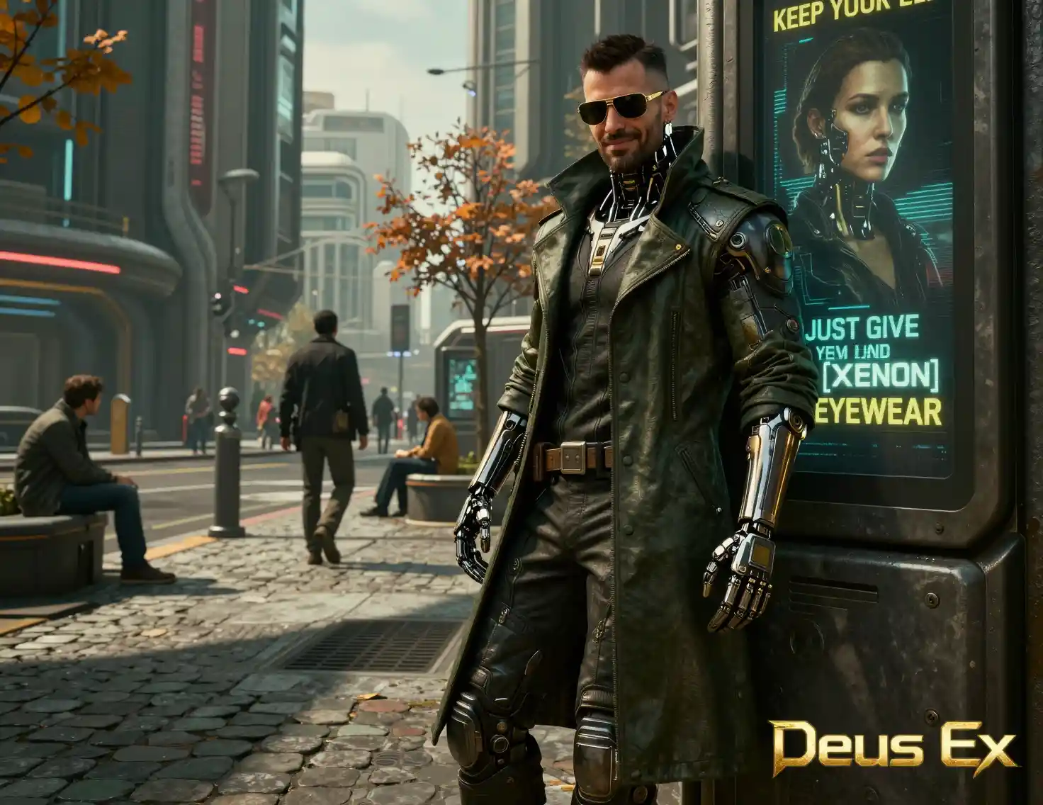 Homme augmenté souriant dans une rue futuriste de Prague