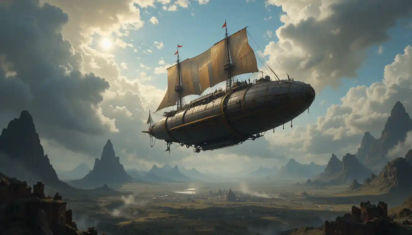 Lone steampunk airship crossing a stormy fantasy sky