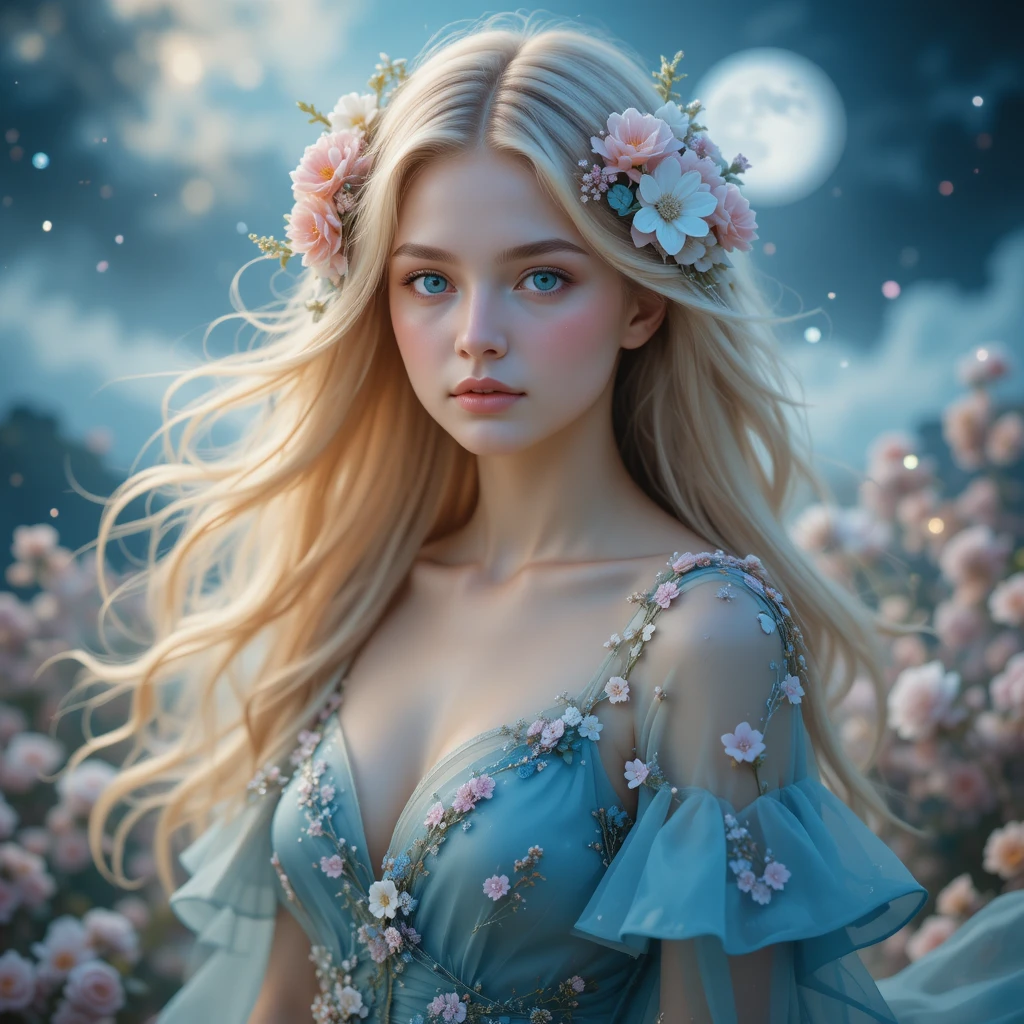 Blonde girl in floral gown under dreamy celestial light