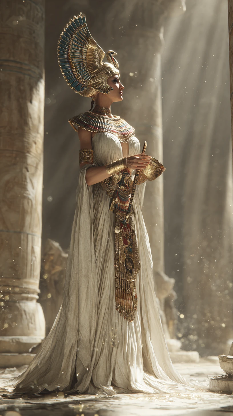 Egyptian queen in ceremonial pose within sunlit temple