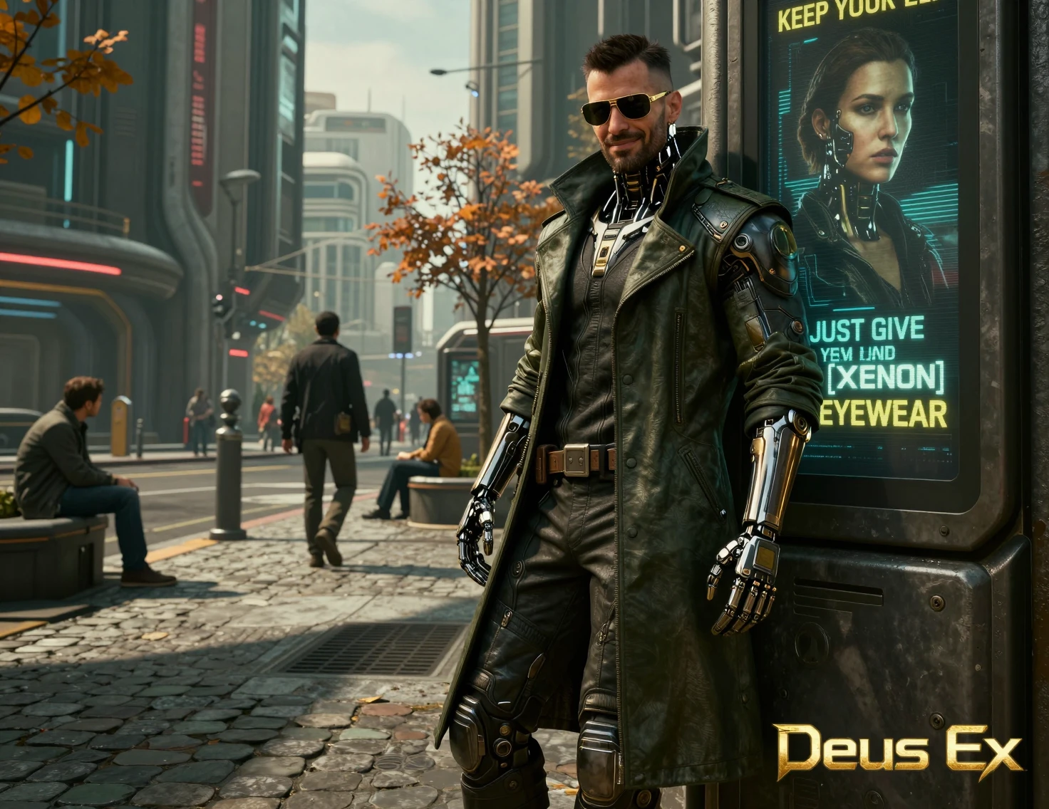 Augmented man smiling on a futuristic Prague city street