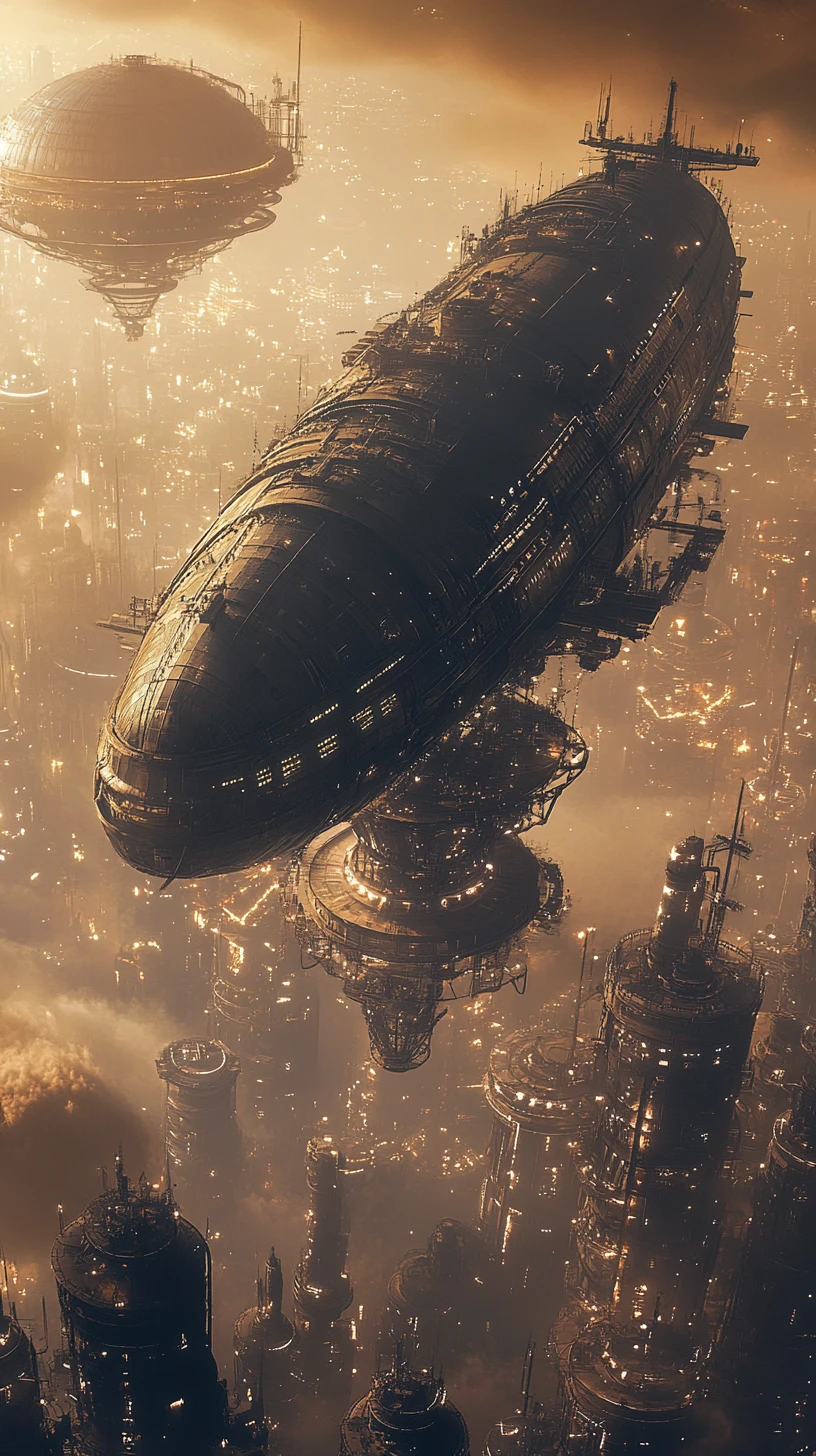 Dirigibile futuristico attraccato sopra una città steampunk orientale
