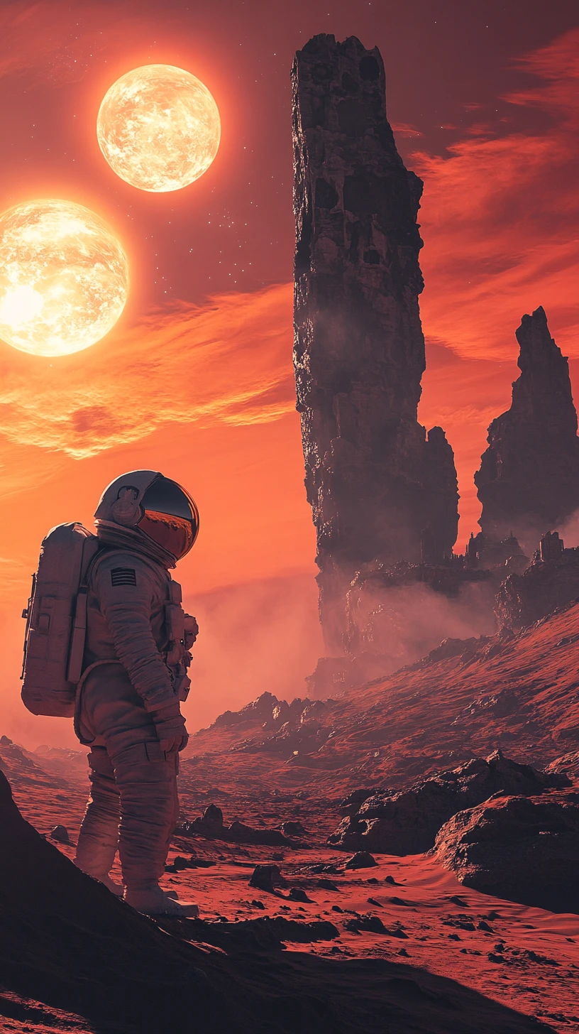 Astronaut on a deserted alien world at twilight