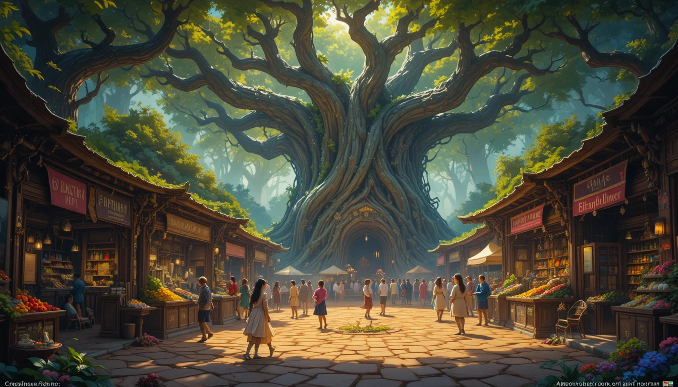 Whimsical fairy market inside a colossal glowing tree