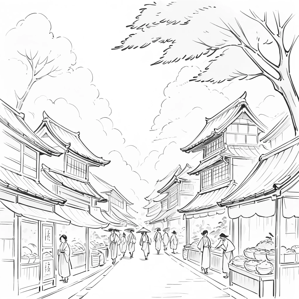 Serene Japanese ink painting of travelers in the city