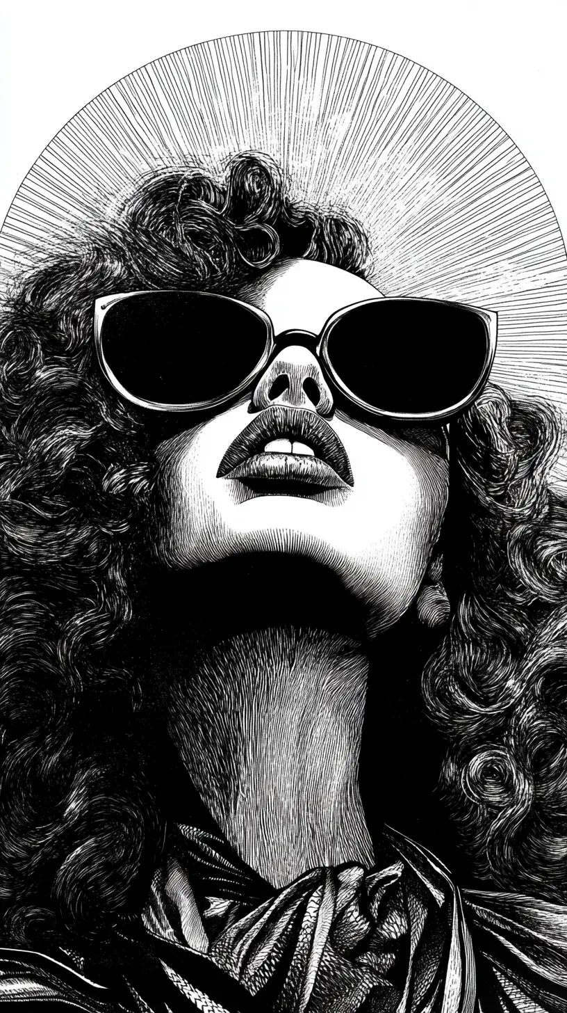Mystical woman in halo with bold sunglasses woodcut portrait