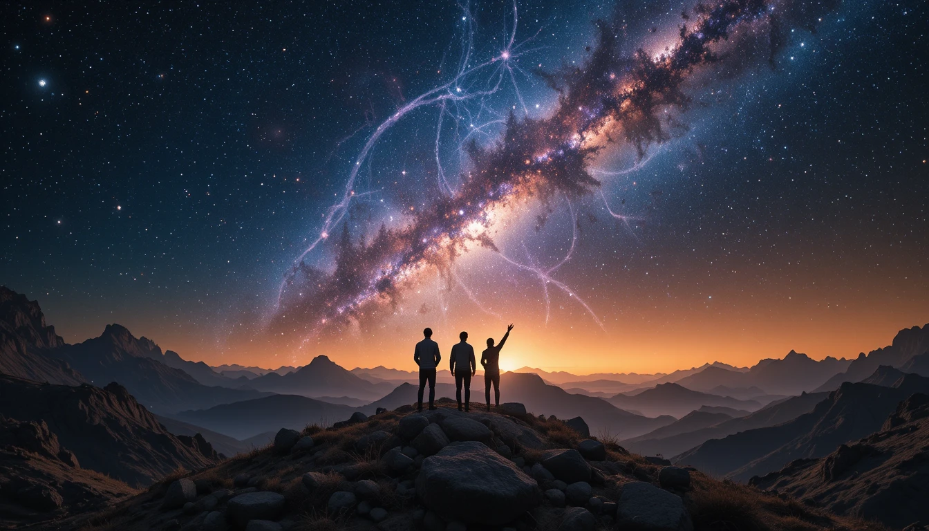 Human and AI hands reaching toward cosmic partnership